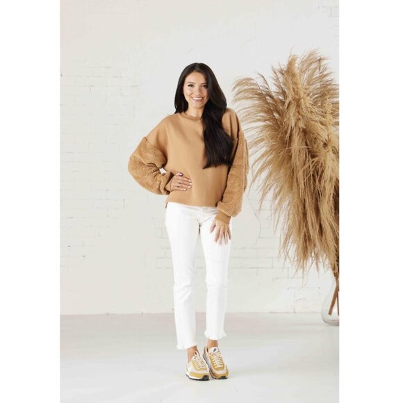 Mudpie Layla Sherpa Fleece Tan Light Brown Crewneck Sweatshirt Size Medium - Picture 1 of 12